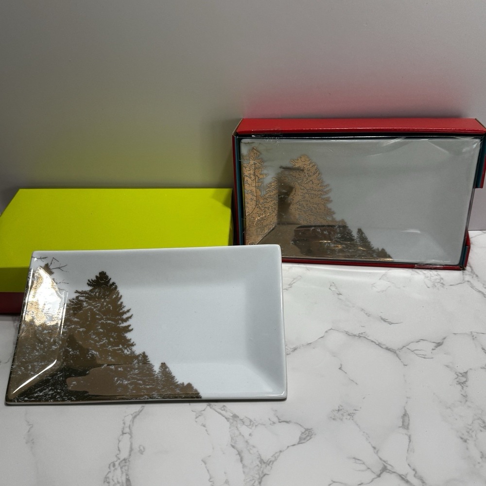 Lot 2 Threshold Porcelain Christmas Tree Rectangular Tray White Gold Pines 8.75